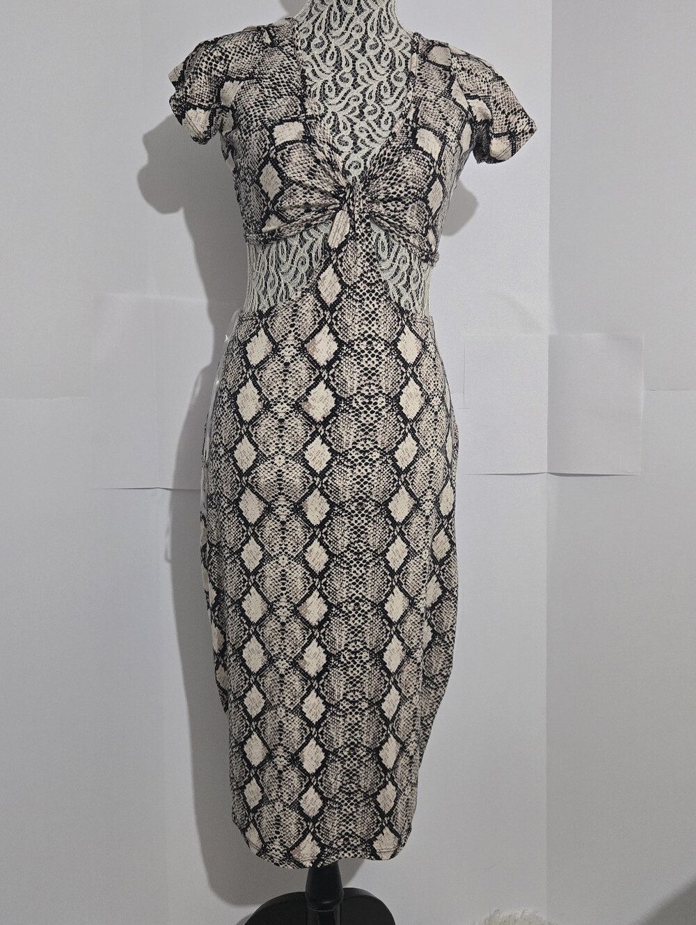 See You Monday Black & Cream Snake-Print Knot-Front Midi Dress